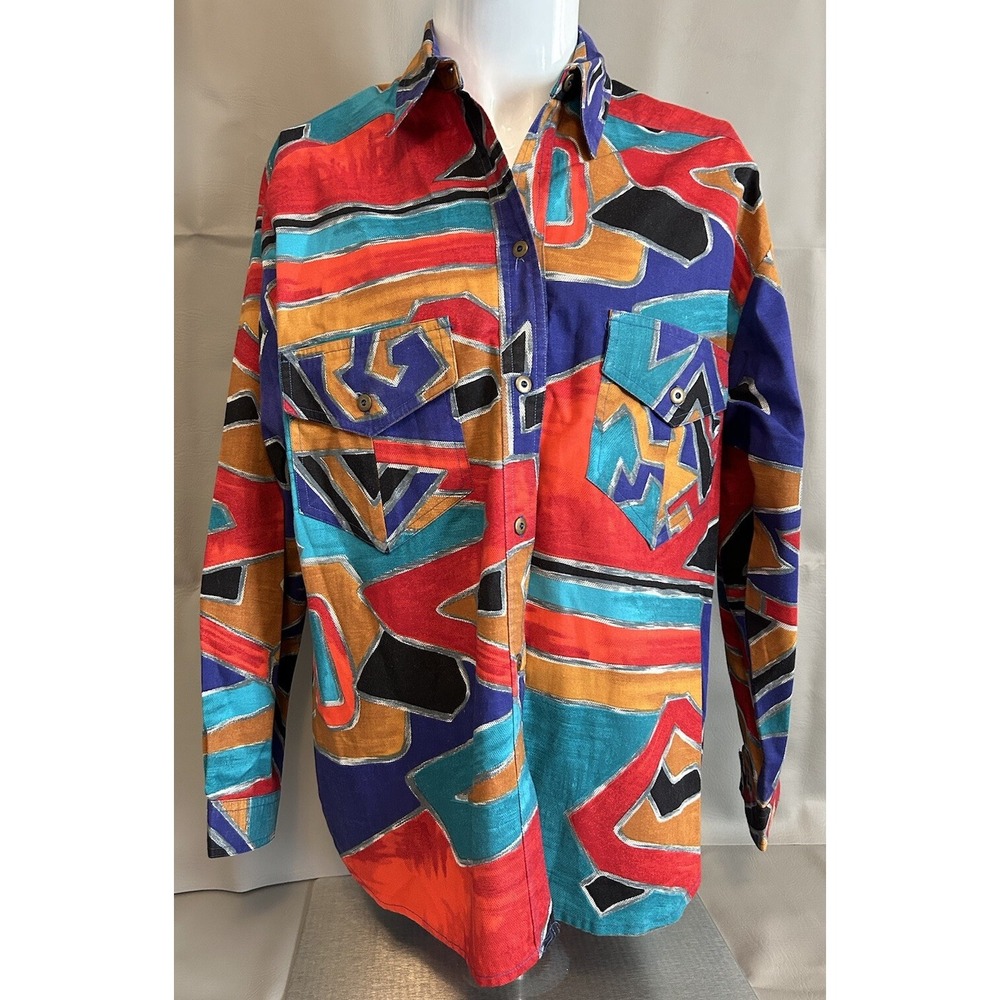 Western Rockabilly Abstract Art to Wear Button Down Shirt Geometric Womens SZ XL